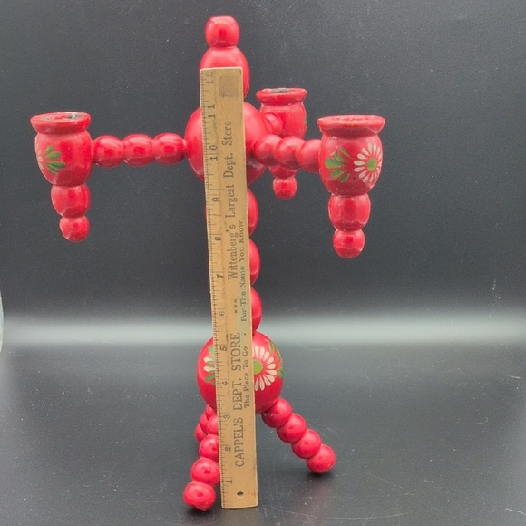 Vintage Swedish Red Wooden Handpainted Candelabra - Picture 7 of 8